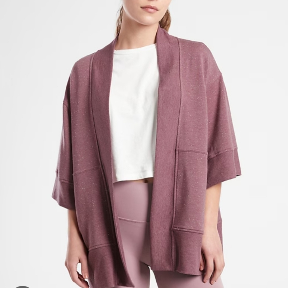 Athleta Mauve Open-Front Short-Sleeve Cardigan